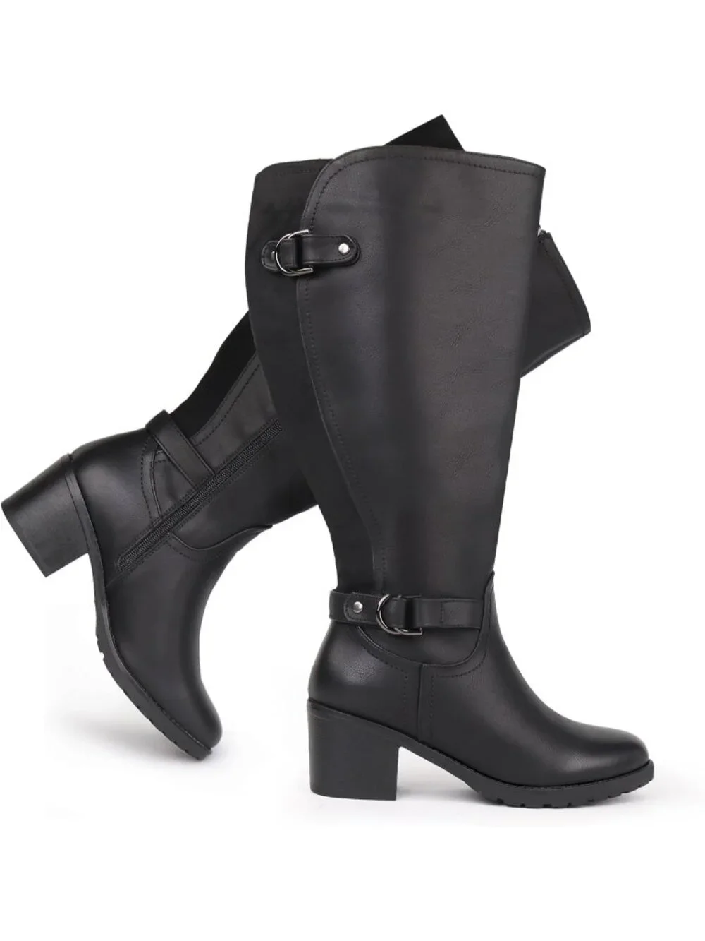 Women's Black Wide Calf Block Heel and Decorated Double Buckle Knee High Boots